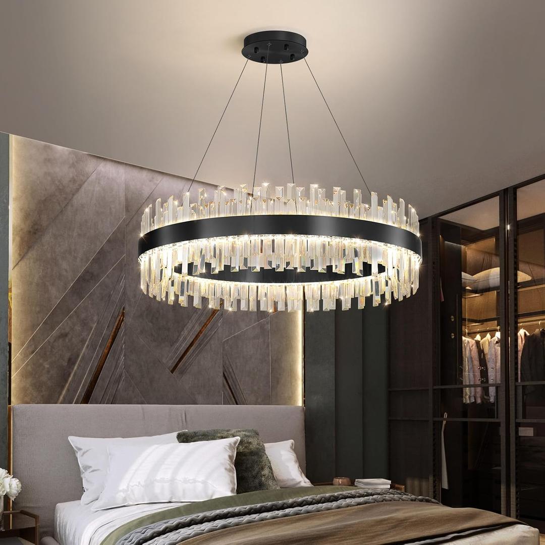 Glam Crystal Chandelier 24 Inch Ring Chandeliers with Remote Dimmable LED Light Adjustable Hanging Lights Luxury Ceiling Pendant Lighting Fixtures for Living Dining Bedroom Foyer Black Light