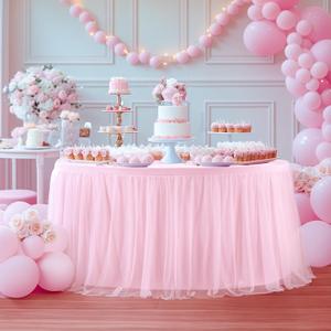 60 Inch Pink Round Tulle Table Skirt with Top Table Cover Wrinkle Free Ruffle Tutu Skirt Spandex Stretch Fitted Round Tablecloths for Wedding Birthday Party Baby Shower Bridal Shower Banquet Event