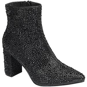 ABSOLEX Women Pointed Toe Rhinestone Block Medium Heel Ankle Booties, Size 6.5