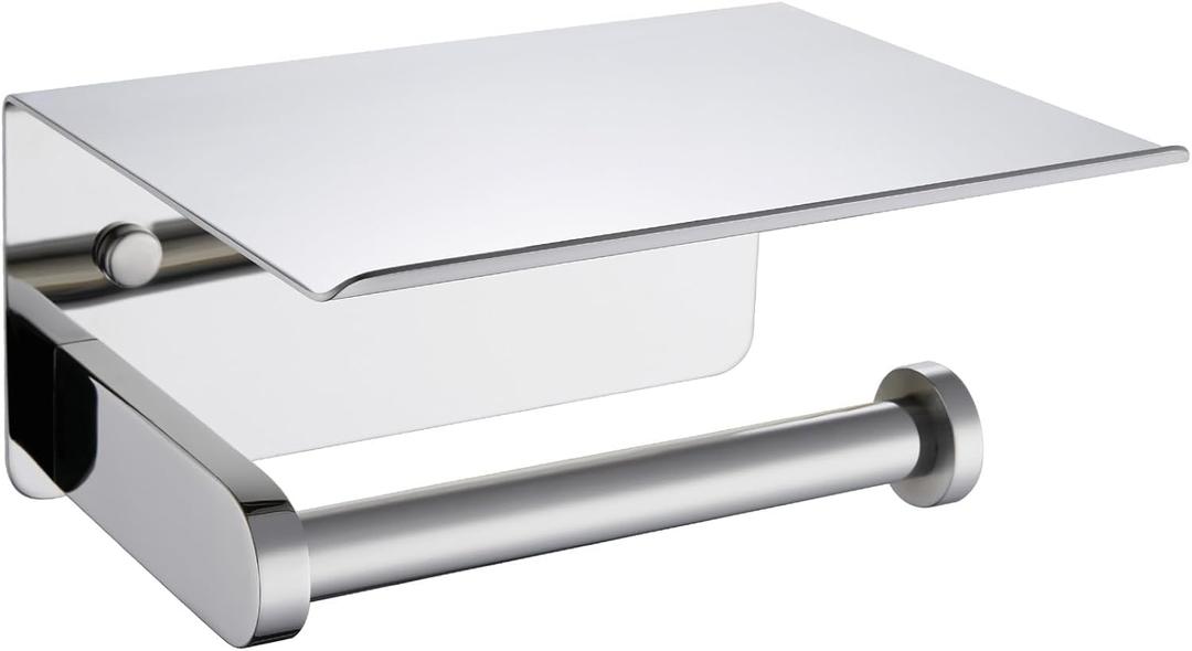 APLusee Toilet Paper Holder with Phone Shelf Polished Chrome, SUS 304 Stainless Steel Bathroom Accessories Tissue Roll Dispenser Storage Wall Mounted (Single Rod)