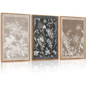 HOURIA 3Pcs Large Plant Leaf Flower Silhouette Framed Canvas Wall Art(16"x24"),Minimalist Botanical Wall Paintings Neutral Floral Wall Decor Modern Black Brown Art Print For Living Room Bedroom Office