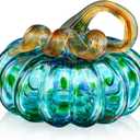 QFkris Hand-Blown Glass Pumpkin for Decorating, 3.4 x 3.5 inches, Fall Decorations for Home, Crystal Pumpkin Figurine (Medium Turquoise)
