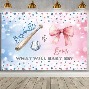 MEHOFOND 7x5ft Baseballs or Bows Gender Reveal Backdrop Boy or Girl What Will Baby Be Decorations Banner Pink and Blue Stars Gender Reveal Baby Shower Photography Background Cake Table Supplies