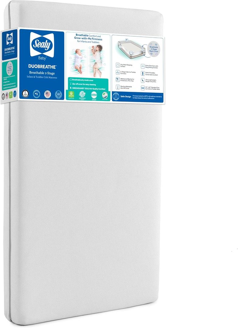 Sealy Baby DuoBreathe 2 Stage Breathable Crib Mattress, GREENGUARD Gold Certified, Made in USA, Waterproof, Premium Dual Firmness and Hypoallergenic, Toddler Bed Fit, 52x28