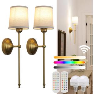 Battery Operated Sconces Wall Lighting Fixture Set of 2 with Linen Fabric Shade, RGB Color Changing USB Rechargeable Wall Mounted Lamp for Living Room Bedside Nightstand Light