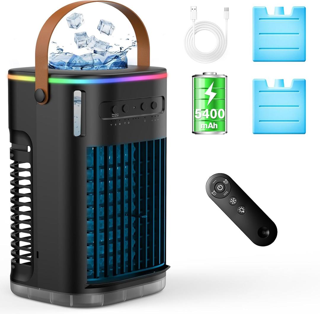 Portable Air Conditioners Cooling Fan w/Remote & Built-in Battery, 1200ML Water Tank for Room Bedroom Office (Black)
