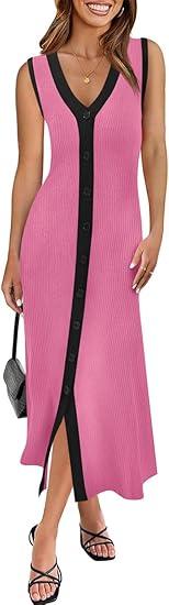Saodimallsu Womens Summer Button Down Sweater Dresses Sleeveless V Neck Casual Ribbed Knit Color Block Long Tank Dress Bright Pink, XL