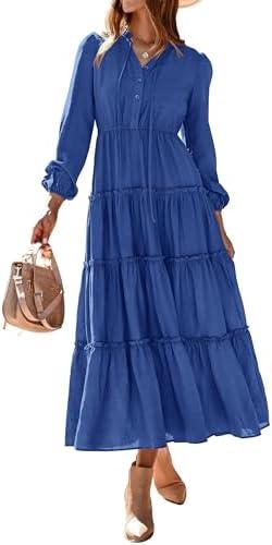 MASCOMODA Fall Long Sleeve Maxi Dresses for Women 2025 Casual Boho Button Ruffle Neck Tiered A Line Flowy Wedding Guest Dress, M