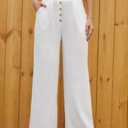 SVALIY Women Flowy Pants Cotton Linen Wide Leg Palazzo Pants Long Lounge Slacks High Waist Button Trousers Pocket (XL)