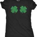 Womens Clover Tits Tshirt Funny Glitter Four Leaf Clover St. Paddy's Day Parade Boob Novelty Graphic Tee for Ladies (Heather Black)
 S