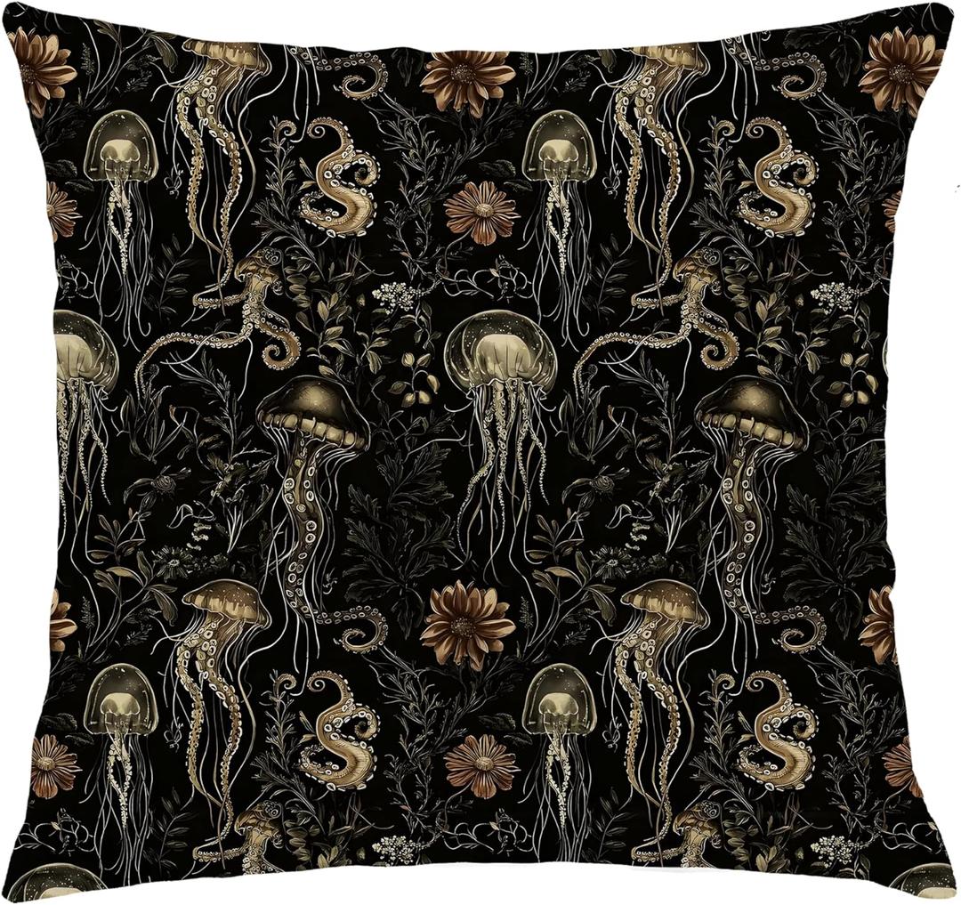 Vintage Elegant Ocean Pillow Covers 18x18, Ocean Beachy Room Decor, Coastal Beach Marine Animals Jellyfish Octopus Aquatic Flower Plant Decorative Throw Pillow Covers