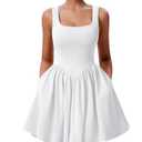 YMDUCH Women's Summer Sleeveless Square Neck A-line Ruffle Hem Mini Tank Dress with Pockets White S