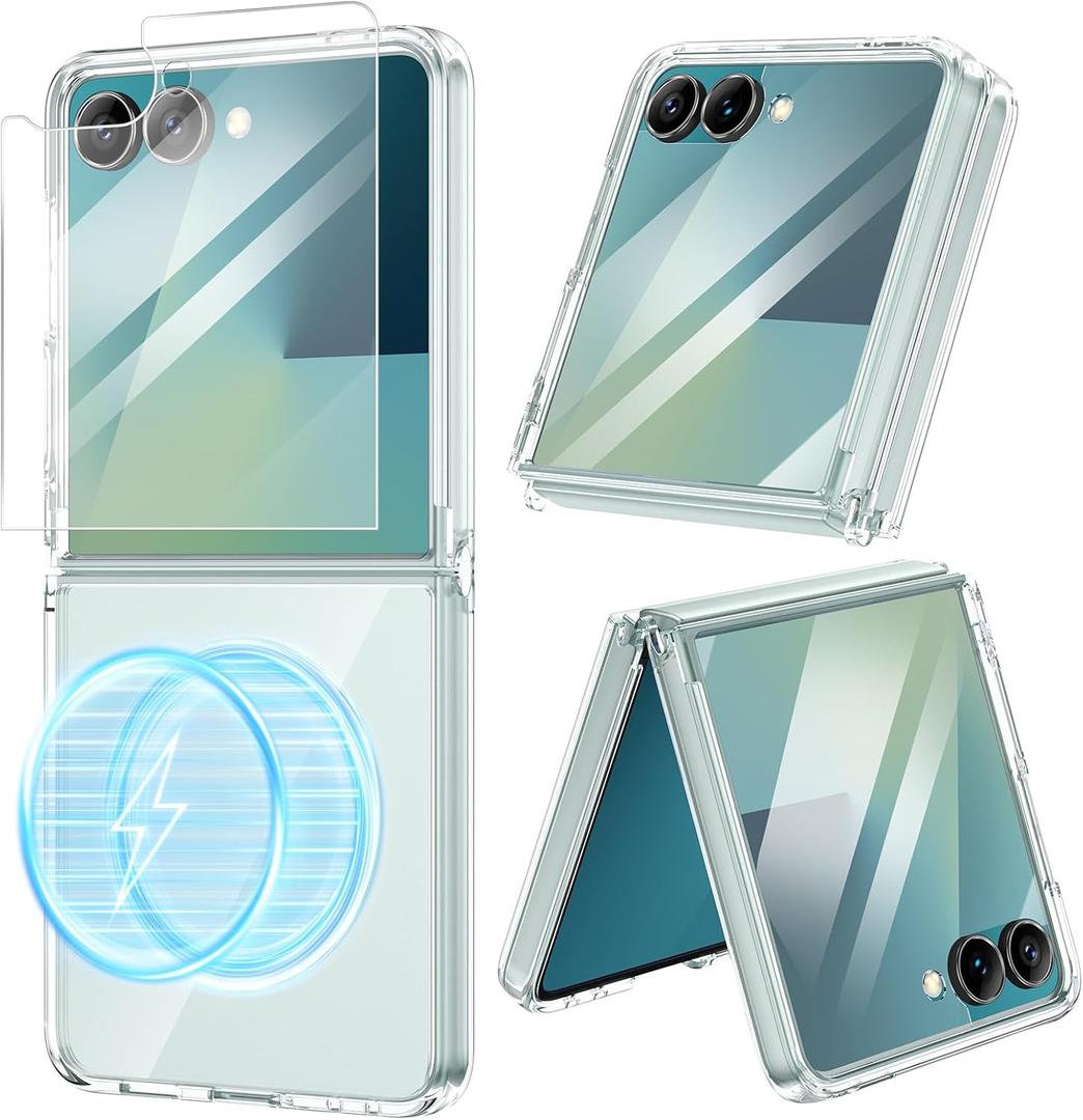 VEGO for Z Flip 7 Case with Screen Protector, [Compatible with Magsafe] TPU Clear, Anti-Yellow & Ultra Slim, Wear-Resistant, Spray Paint Shockproof Bumper Cover for Samsung Flip 7(Not for 7FE)-Clear