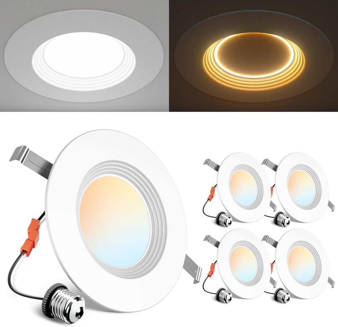 Ensenior 5/6 Inch 5CCT LED Can Lights with Night Light 4 Pack, Retrofit Led Recessed Lighting, Baffle Trim, Dimmable, 9W=110W, 1000LM, IC Rated - FCC