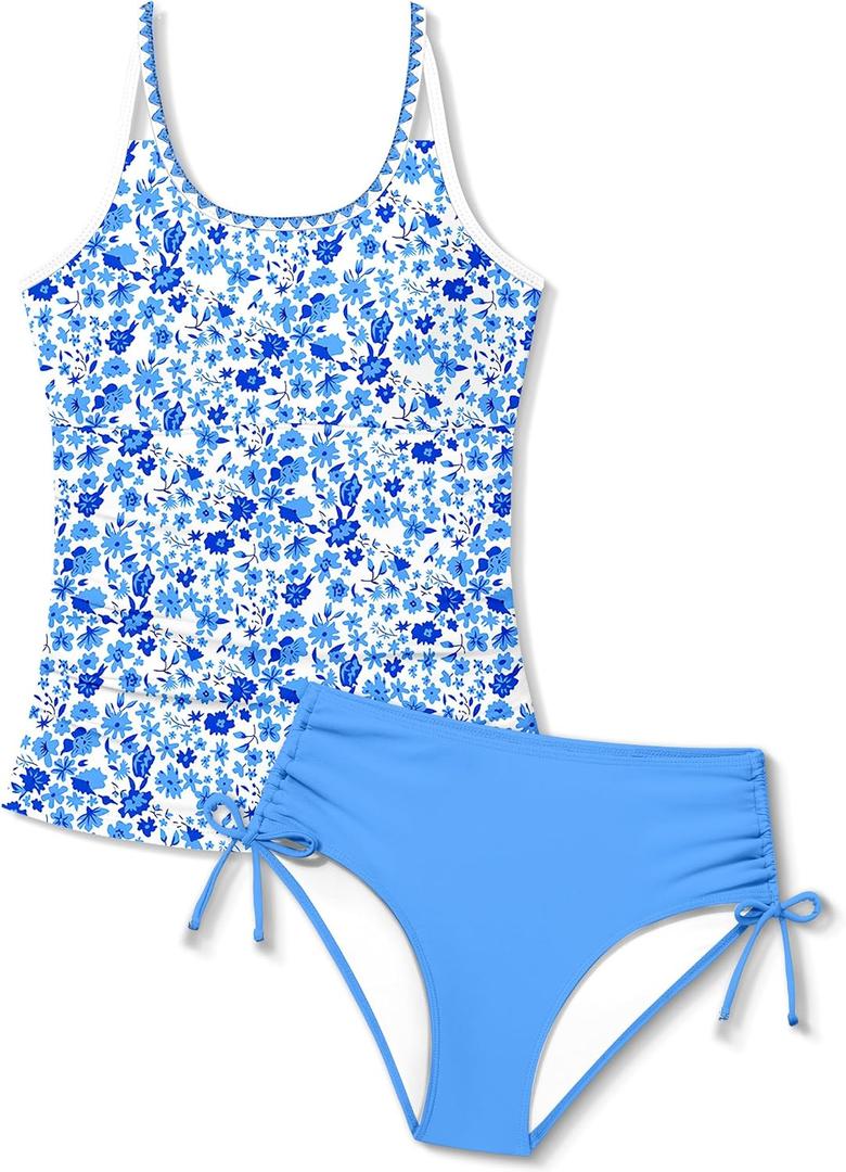 TyeSmo Girls Swimsuits Size 14-16 Two Piece Tankini Square Collar Teen Swimsuits for Girls 14-16 Bathing Suit for Teens Cross Back Girl Bathing Suits Size 14 16 Floral Swimwear with Bottoms