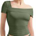 SUUKSESS Women One Off The Shoulder Summer Tank Tops Ruched Short Sleeve Shirts (Small, #1 Army Green)