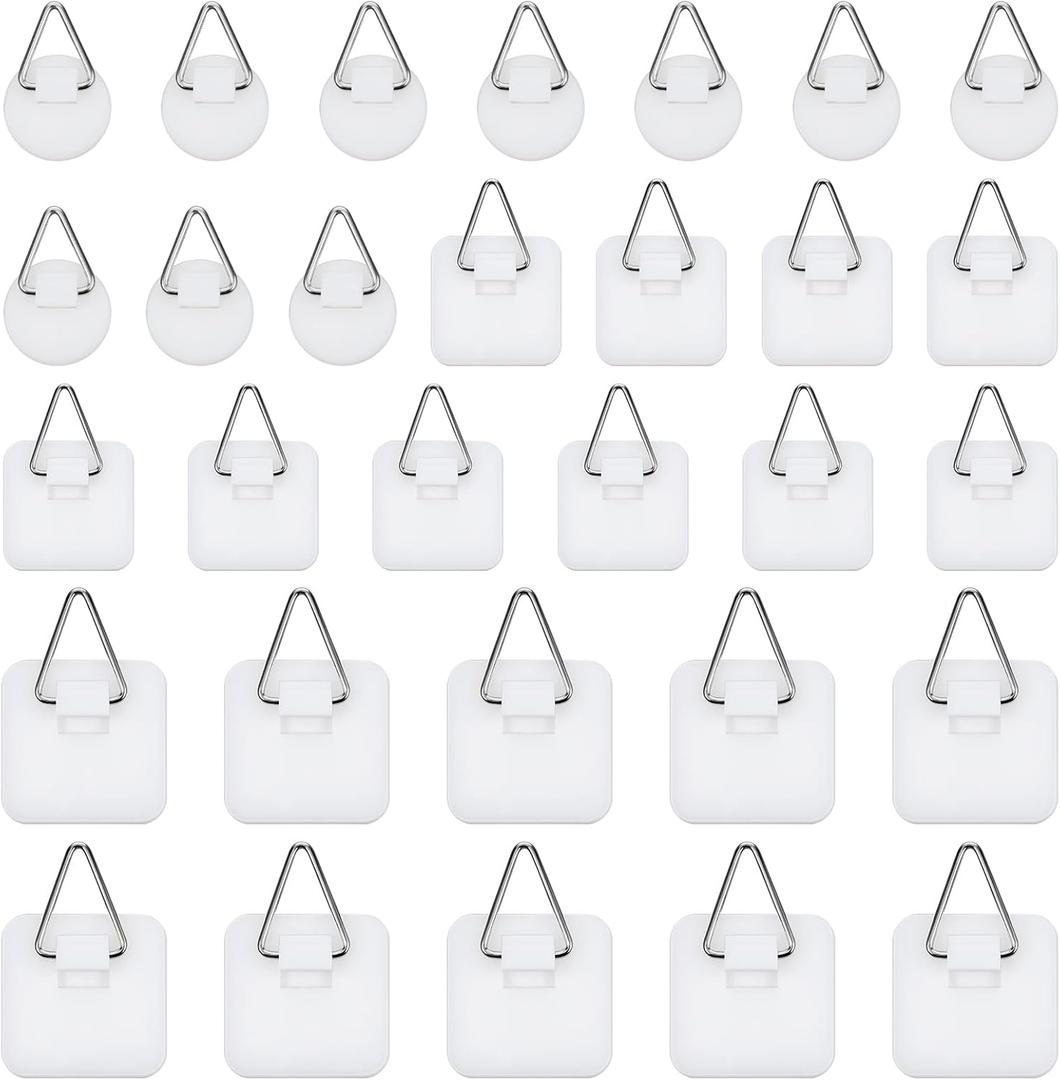 cobee 30 Pcs Adhesive Picture Hanger, Adhesive Hooks for Hanging Pictures Without Nails, Plastic Picture Sticky Hangers for Home Kitchen Picture Photo Frame Plate Wall Art, White
