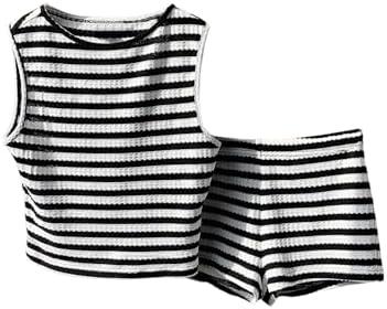 MakeMeChic Women's 2 Piece Striped Outfit Crew Neck Tank Crop Top and Mini Shorts Set, L