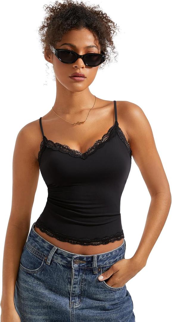 SUUKSESS Women Padded Lace Double Lined Tank Tops Sexy V Neck Summer Going Out Top (Small, Black)