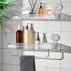 Shower Caddy Suction Cup,2 Pack Shower Shelf for Bathroom Storage,No Drilling Removable Transparent Clear Shower Caddy Suction Cup,Large Capacity Reusable Shelves,Max Hold 11lbs With towel bar