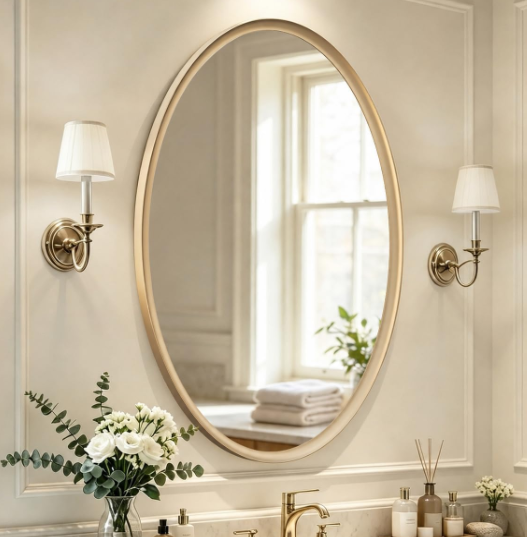 Brushed Gold Oval Bathroom Mirror, 20x28 Inch Oval Mirror
Vanity Wall Mirror, Wide Inner-Curved Aluminum Framed, HD Tempered Glass, Moisture & Rust Resistant, for Bedroom, Entryway