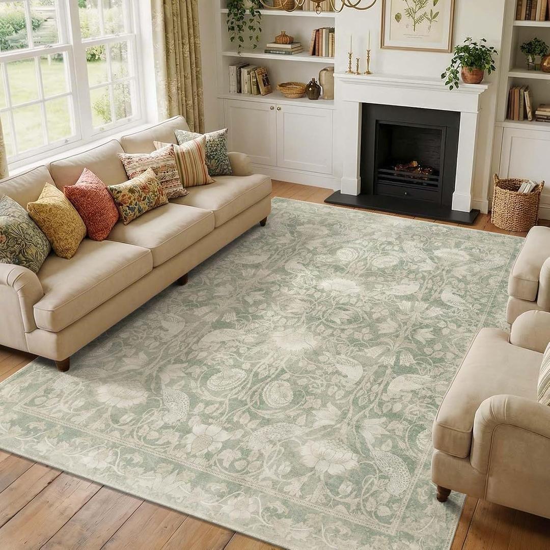jinchan 8x10 Vintage Floral Rug, Washable Non Slip, Sage Green