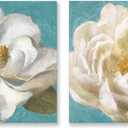 Flower Wall Decor Peony Canvas Wall Art Turquoise and White Magnolia Painting Framed Nature Botanical Floral Artwork for Bedroom Living Room Office 24"x24"x2pcs
