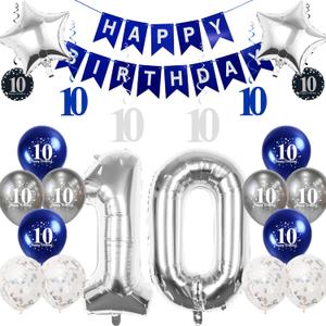 3 x Silver 10th Birthday Decorations Kit with 32in Number 10 Foil Balloon, Swirl Decorations, Happy Birthday Banner & Star Foil Balloons for Tenth Birthday Party