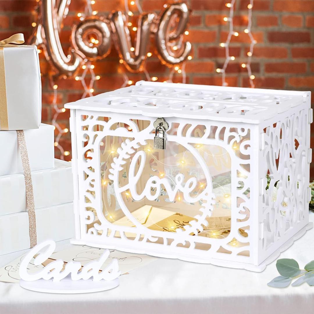 OurWarm DIY White Wedding Card Box with Lock and String Lights, PVC Hollow Card Box Graduation Card Box Perfect for Wedding Reception Anniversary, Baby Showers, Birthdays, Bridal or Baby Showers