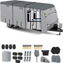 Windproof RV Cover for 33' -35' Travel Trailer Cover, Upgraded 8 Layers Top UV Resistant Motorhome Toy Hauler & Camper Cover with 4 Tire Cover & Tongue Jack Cover Extra Windproof Ropes