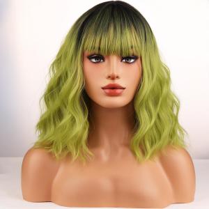 Ombre Green Wigs for Women Short Curly Wavy Green Wig for Girls Short Bob Wig With Bangs Heat Resistant Synthetic Wigs for Cosplay Costume Party (Green Ombre Wig)