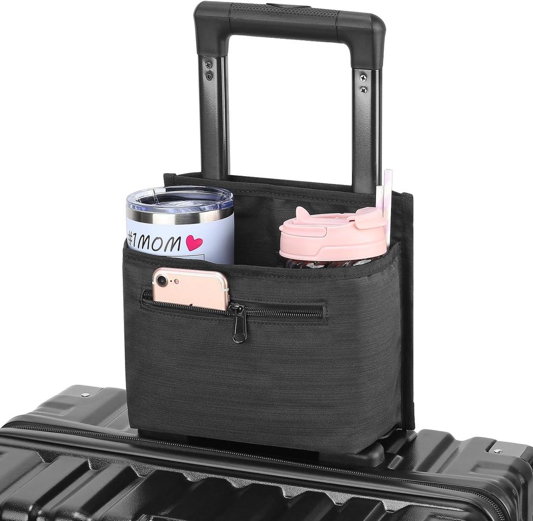 Luggage Travel Cup Holder Attachment for Suitcase Drink Carrier Caddy, Coffee Mug and Tumblers, Traveler Carry on Hands Free Accessory- Gifts for Flight Attendants Travelers Accessories- Black