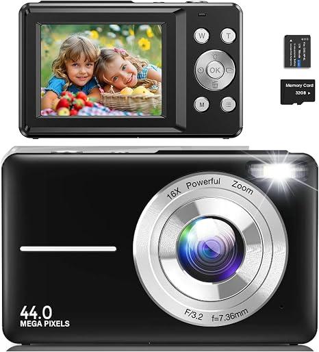 Digital Camera for Kids, HD 1080P Camera, 44MP Point and Shoot Digital Camera for Pictures with 32GB Card, 16X Zoom, Portable Small Point Shoot Camera Gift for Kid Student Children Teen (Black)
