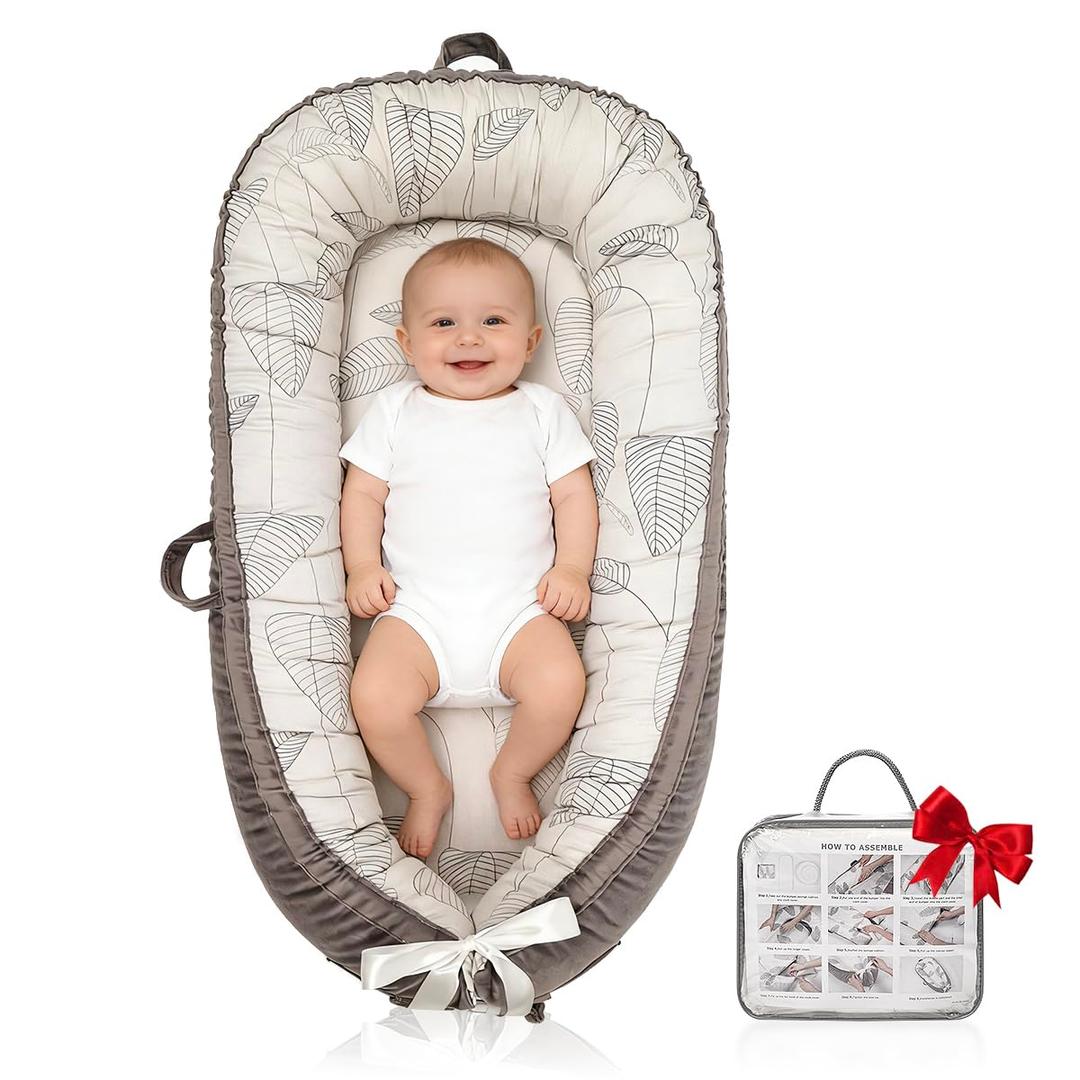 Organic Cotton Baby Lounger  Reversible, Portable, Soft & Breathable with Washable Cover | Perfect for Awake-Time Use Only - Little Leaves