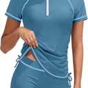 Girls Swimsuit Rash Guard Bathing Suit for Girls 2 Piece Short Sleeve Solid Color UPF 50+ Padded Zip Swimwear (11-12 Years, Blue)