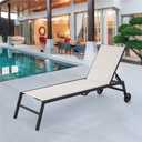 Outdoor Chaise Lounge,Patio Chaise Lounge Chair, Padded Textile Pool Loungers with 5-Level Backrest and Wheels for Beach, Lawn, Porch, Garden (Beige)