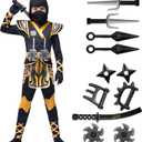 Spooktacular Creations Kids Ninja Costume, Child Boy Ninja Outfit Set, Halloween Costume for Toddler Themed Dress Up Party (Medium (8-10yr), Golden)