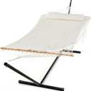 PNAEUT Double Hammock with Stand for Outside, Rope Hammocks with Polyester Pad 2 Person, 12ft Heavy Duty Stand, Extra Pillow, Storage Sidebag, Max 475 lbs Capacity (Pearl White)