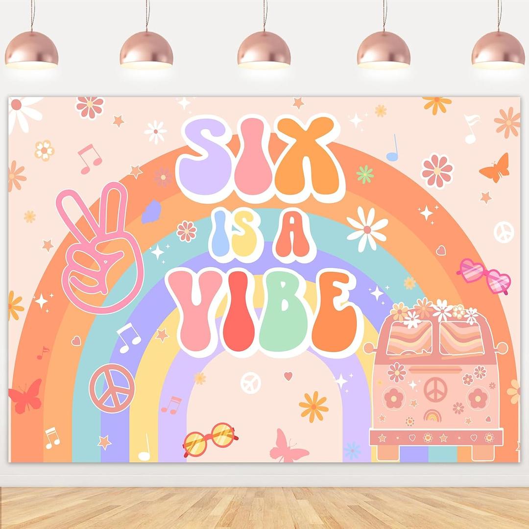 Six is a Vibe Birthday Decorations, 5 x 7ft Groovy 6th Birthday Decorations Backdrop Banner for Retro Rainbow Hippie 6th Decorations Photography Background