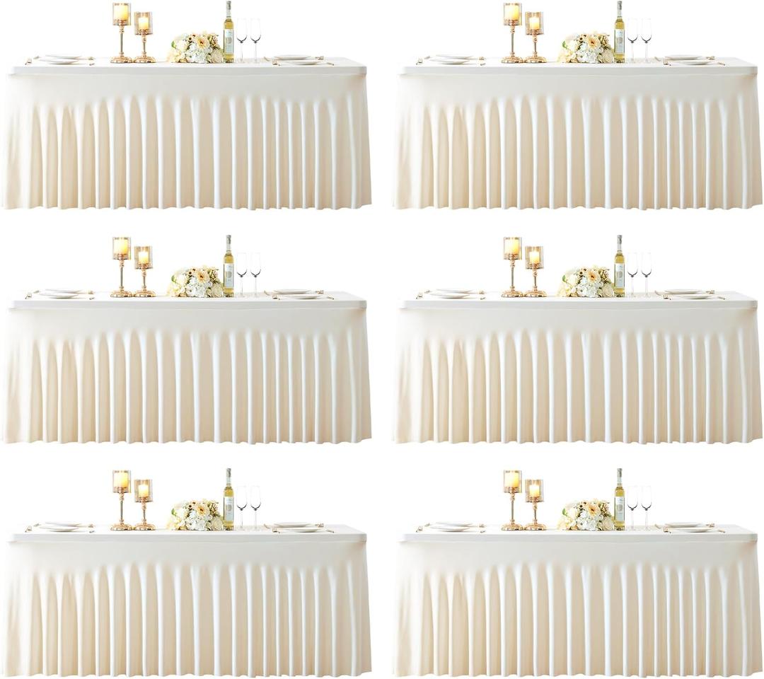 6 Pack 8ft Ivory Spandex Table Cloths for Rectangle Tables Wrinkle Free Ivory Rectangle Tablecloths, Stretch Fitted Table Cover with Skirt for Wedding Birthday Party Banquet Baby Shower Buffet Event
