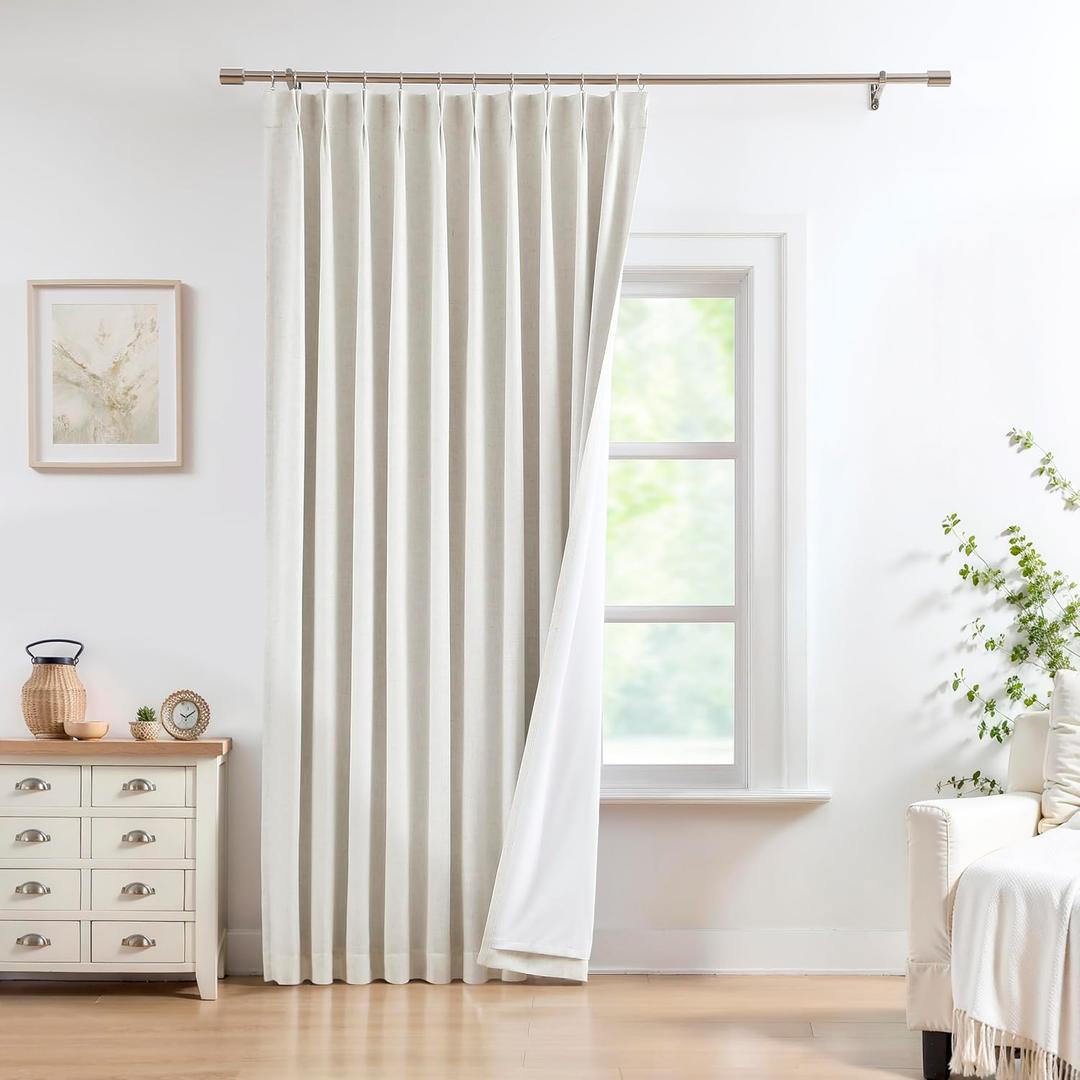 Natural Pinch Pleated Full Blackout Curtains Linen Blended Noise Reducing Window Treatment Panel 102 Inches Long for Living Room Bedroom Thermal Insulated Back Tab Drapes with Hooks, 60"Wx102"Lx1