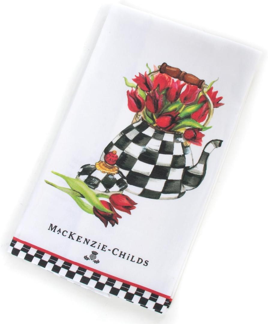 MACKENZIE-CHILDS Cotton Dish Towel, Cute Decorative Kitchen Dish Towel for Cleaning and Home Decor, Set of 1, Tulip Tea Kettle