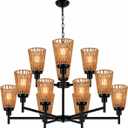 OVANUS 12-Light Rattan Chandelier, 2-Tier Boho Farmhouse Wicker Ceiling Fixture for Dining Room, Kitchen Island and Foyer, Black Brown