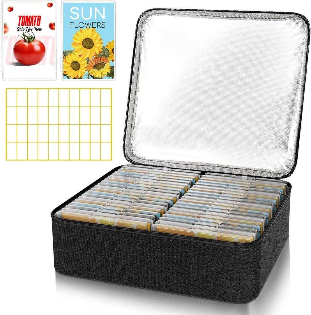 38 Slots Seed Storage Organizer Box with Insulated Bag That Holds 80-200 Seed Envelopes, Oxford Cloth Garden Seed Containers with Labels, Seed Packet Organizer for Plant, Flower ,Vegetable Seeds