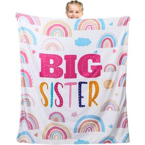 Buryeah 60" x 50" Sisters Gift Big Sister Blanket Soft Warm Flannel Throw Blanket Pastel Rainbow Sis to Be Announcement New Big Sis Gift for Baby Shower Birthday Party Supplies
