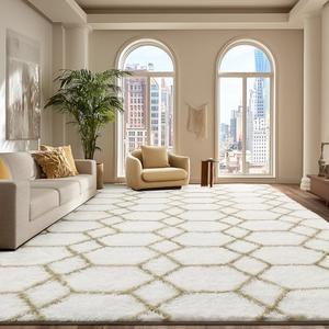 ARKIIKI Large Rugs for Living Room, 8x10 White and Beige Fluffy Bedroom Area Rug, Shag Geometric Soft Fuzzy Carpets Big Kids Room Rug, Non-Slip Plush Modern Rug for Office Home Decor Aesthetic