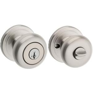 Kwikset Juno Entry Door Knob with Lock and Key, Secure Keyed Handle Exterior, Front Entrance and Bedroom, Satin Nickel, Pick Resistant SmartKey Rekey Security and Microban, 2