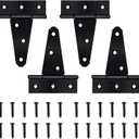 4 Pack 4 Inch T-Strap Shed Door Hinges Heavy Duty, Barn Door Gate Hinges with Screws, Tee Hinges for Wooden Fences, Yard, Patio Door, Black Wrought Hardware Iron Rustproof