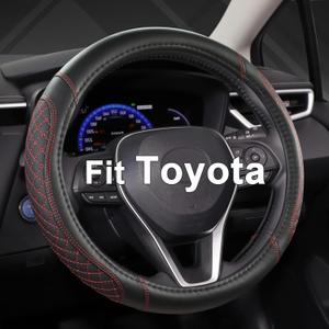 West Llama Customized Auto Car Steering Wheel Cover for Toyota Rav4 Corolla Camry Highlander(Diamond Quilted-Black+Red-Standard Size)