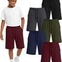 5 Pack Boys Shorts Kids Athletic Summer Knee Length Sweatshort Teen Drawstring for School Short Pocket 6-16Y